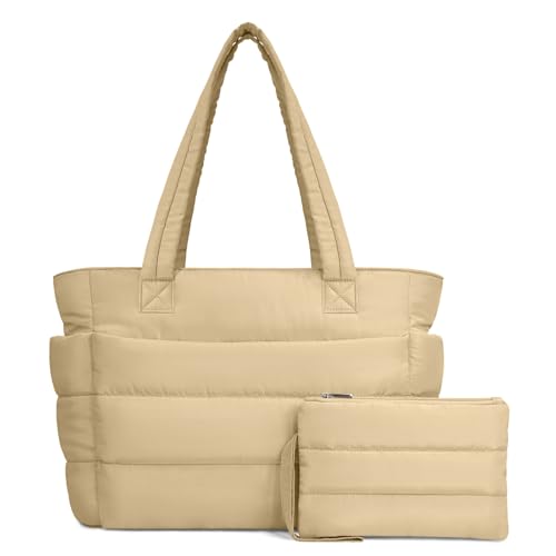 TOPDesign Puffer Tote Bag Damen Gesteppte Puffy Handtasche mit Laptopfach & Kosmetiktasche Leichte Schultertasche für Reisen Arbeit (M Creme) von TOPDesign