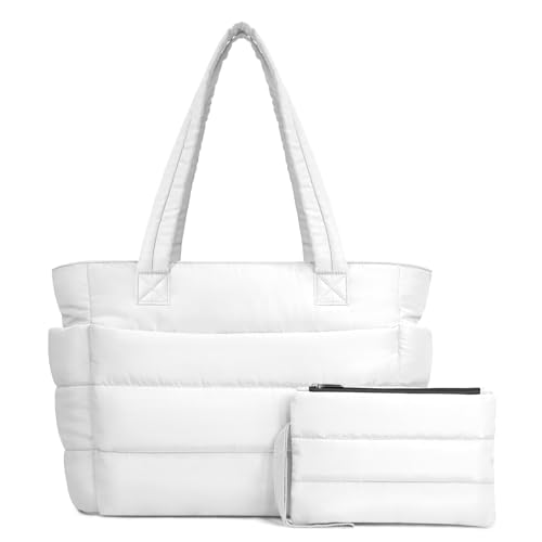 TOPDesign Puffer Tote Bag Damen Gesteppte Puffy Handtasche mit Laptopfach & Kosmetiktasche Leichte Schultertasche für Reisen Arbeit (M Weiß) von TOPDesign