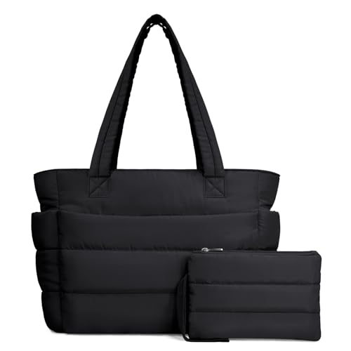 TOPDesign Puffer Tote Bag für Frauen Leichte Puffy Handtasche mit Fächern Gesteppte Umhängetasche für Arbeit Reisen Fitnessstudio, Schwarz, Large, Casual von TOPDesign