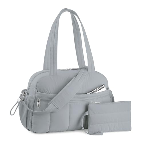 TOPDesign Reisetasche für Damen, Puffer Gym Bag Sporttasche mit Nasstasche, Handgepäcktasche Weekender mit Gepäckhülle, Hellgrau, Large, Casual von TOPDesign