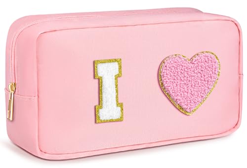 Chenille Letter Cosmetic Culletry Bag Initial Makeup Bag Waterproof Nylon Cosmetic Bag Pink Makeup Bag Large Toiletry Bag Portable Zipper Pouch Snack Bags Travel Organizer for Women Girls Teens, Pink, von TOPEAST