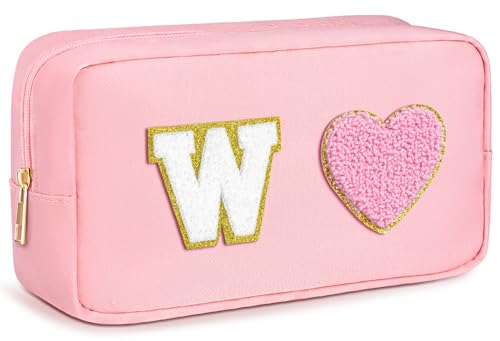 Chenille Letter Cosmetic Culletry Bag Initial Makeup Bag Waterproof Nylon Cosmetic Bag Pink Makeup Bag Large Toiletry Bag Portable Zipper Pouch Snack Bags Travel Organizer for Women Girls Teens, Pink, von TOPEAST