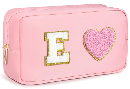 Chenille Letter Cosmetic Culletry Bag Initial Makeup Bag Waterproof Nylon Cosmetic Bag Pink Makeup Bag Large Toiletry Bag Portable Zipper Pouch Snack Bags Travel Organizer for Women Girls Teens, Pink, von TOPEAST