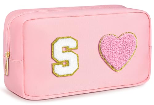 Chenille Letter Cosmetic Culletry Bag Initial Makeup Bag Waterproof Nylon Cosmetic Bag Pink Makeup Bag Large Toiletry Bag Portable Zipper Pouch Snack Bags Travel Organizer for Women Girls Teens, Pink, von TOPEAST