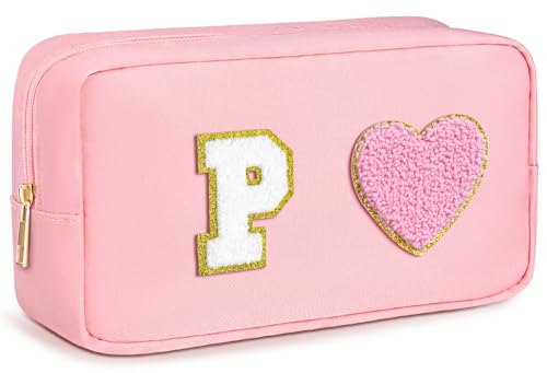 Chenille Letter Cosmetic Culletry Bag Initial Makeup Bag Waterproof Nylon Cosmetic Bag Pink Makeup Bag Large Toiletry Bag Portable Zipper Pouch Snack Bags Travel Organizer for Women Girls Teens, Pink, von TOPEAST