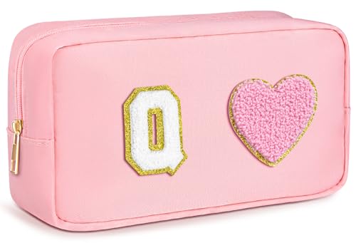 Chenille Letter Cosmetic Culletry Bag Initial Makeup Bag Waterproof Nylon Cosmetic Bag Pink Makeup Bag Large Toiletry Bag Portable Zipper Pouch Snack Bags Travel Organizer for Women Girls Teens, Pink, von TOPEAST