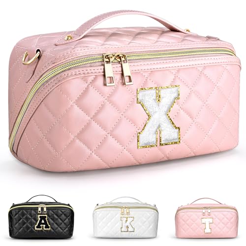 TOPEAST Gesteppte Make-up-Tasche, große Kapazität Kosmetiktasche Initial Make-up Organizer Tasche, Pink, X von TOPEAST