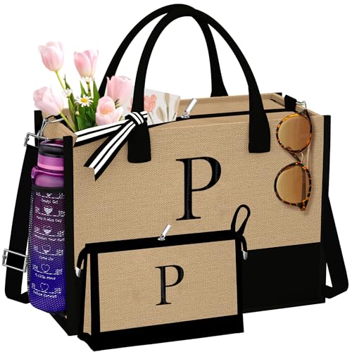 TOPEAST Jute-Strandtasche und Make-up-Tasche, personalisierte Geburtstagsgeschenke für Frauen, Brautjungfer-Geschenke, Gelb/Schwarz von TOPEAST