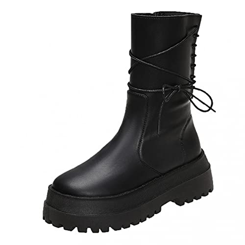 TOPENO Winterstiefel Gefüttert Damen Hohe Stiefel Schnürstiefel Winterboots mit Plateau, Frauen Langschaftstiefel Bequem Winter Warm Damenschuhe, 4 Schwarz, 38 EU von TOPENO