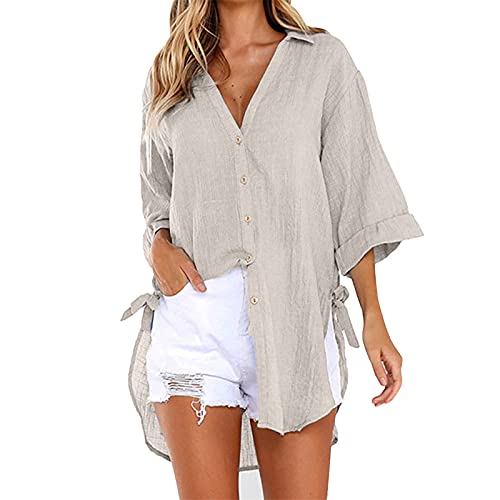 TOPEREUR Damen Bluse Oversize Langarm Shirt Baumwolle Leinen Hemdbluse Elegant Übergröße Longbluse Oberteil Einfarbig Lose Leinenbluse Lang Hemd Tops (EU S-5XL) von TOPENO