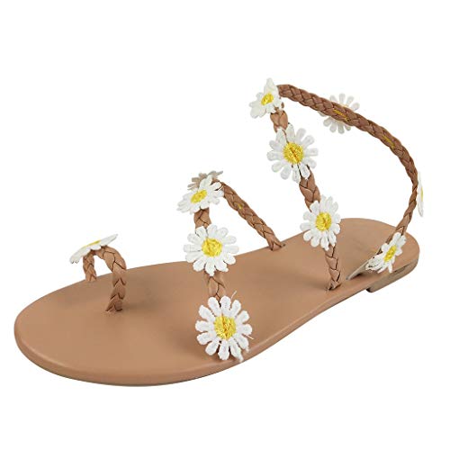 TOPEREUR Damen Riemchen Flache Sandalen Riemchen Sandalen Böhmen Strandsandalen Elegante Lace Spitze Blumen Sommerschuhe Freizeit Römische Schuhe Zehentrenner von TOPENO