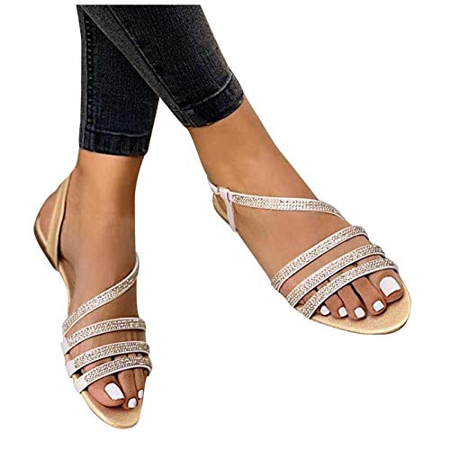 TOPEREUR Damen Sandalen Sommer Flach Sandaletten mit Strass Perlen Frauen Strand Boho Sandalen Frau Geschenk von TOPENO