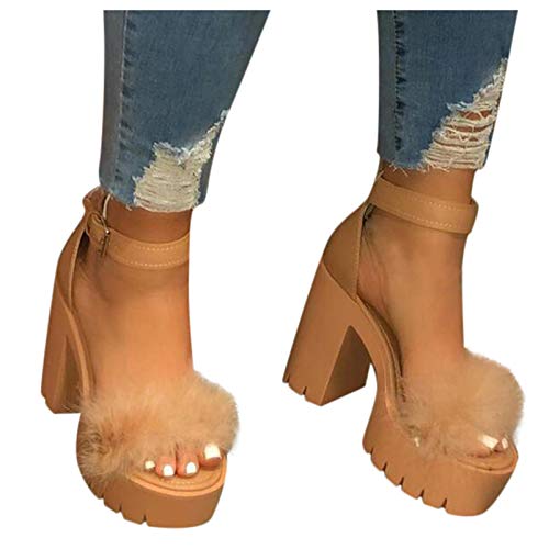 TOPEREUR Damen Sandalen mit Keilabsatz, Frauen Sommer Strandsandalen Plateausohle Elegante Sandaletten Bequeme Feder Schöne Flaumiger Sommersandalen von TOPENO