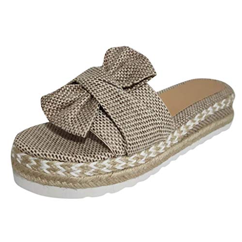 TOPEREUR Espadrilles Damen Sandalen Pantoletten mit Plateau und Schleife, Frauen Sandaletten Peep Toe Hausschuhe Schöne Sommerschuhe Bequeme Strandsandalen (Khaki, 39EU) von TOPEREUR