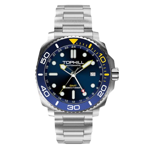 TOPHILL Armbanduhr Herren Automatik, Men Watch Profi-Tauchuhr, Wasserdicht Bis 300 Meter, Superluminova, Automatic Watch NH34Uhrwerk, Mit Datumsfenster, GMT (Blau) von TOPHILL