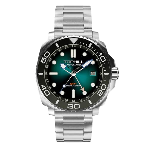 TOPHILL Armbanduhr Herren Automatik, Men Watch Profi-Tauchuhr, Wasserdicht Bis 300 Meter, Superluminova, Automatic Watch NH34Uhrwerk, Mit Datumsfenster, GMT (Dunkelblau) von TOPHILL