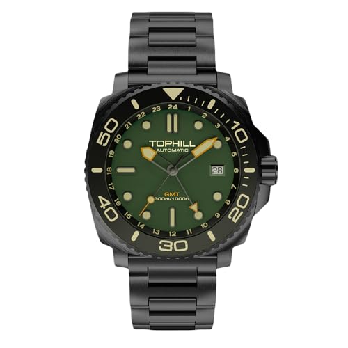 TOPHILL Armbanduhr Herren Automatik, Men Watch Profi-Tauchuhr, Wasserdicht Bis 300 Meter, Superluminova, Automatic Watch NH34Uhrwerk, Mit Datumsfenster, GMT (Schwarz) von TOPHILL