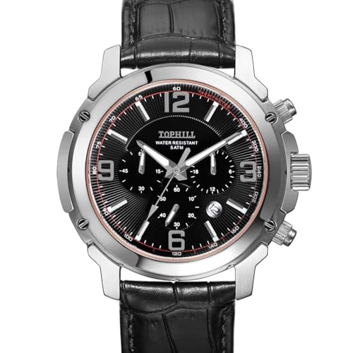 TOPHILL Men Watch Quarzwerk, Armbanduhren Herren Chronograph, 24-Stunden-Anzeige, Fensterkalender, Italienisches Lederband (Schwarze, Schwarze) von TOPHILL