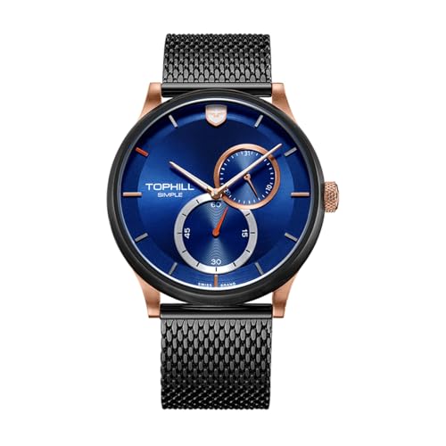 TOPHILL Quarz Armbanduhr Herren, 43mm Einfache Modeuhr, Herrenuhren, Men Wacth, Rindslederarmband, Scheibenkalender, Scheiben-Stoppuhr (Blau-Schwarz) von TOPHILL