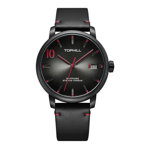 TOPHILL Quarz Armbanduhr Herren, Freizeit Men Watch, Modische Herrenuhren, 42mm Großes Zifferblatt, Kratzfestes Saphirglas, Rindslederarmband, Datumsfenster (Schwarz) von TOPHILL