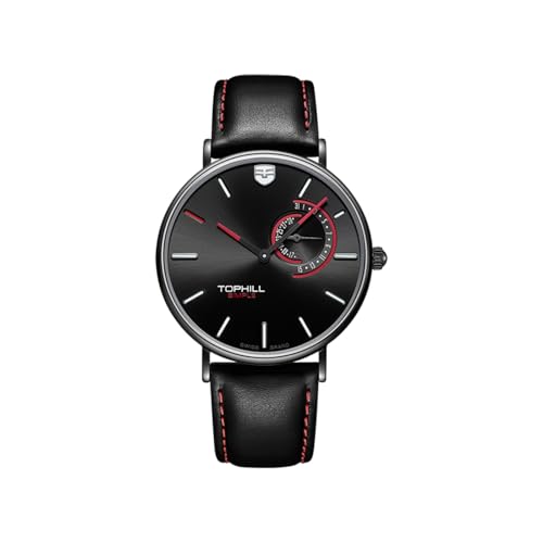 TOPHILL Simple Fashion Men Watch, Quarz Armbanduhr Herren, Herrenuhren, Kalenderzifferblatt, Kratzfester Spiegel, Lederarmband (Schwarz) von TOPHILL