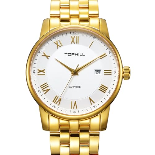 TOPHILL Vintage Style Watch, 38mm Quarzuhr, kratzfestes Watches for Men, Edelstahluhr, 50 Meter wasserdicht (Weiße, Gold) von TOPHILL