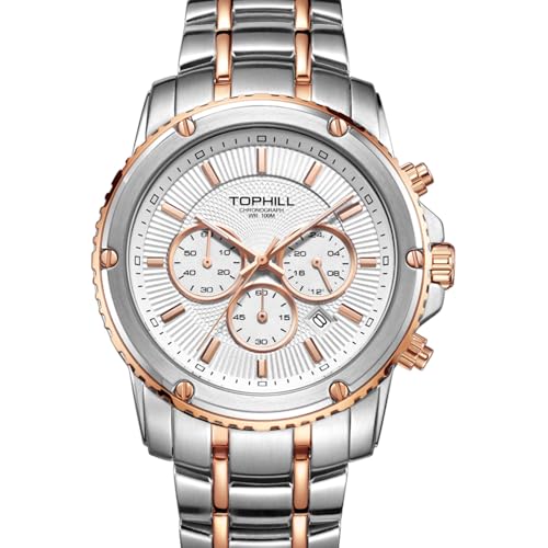 TOPHILL armbanduhren Herren, 42mm Men Watch, Chronograph, Quartz Movement, 316L Solid Steel Strap, Water Resistant to 100 Metres, Luminous, Calendar Window (Weiße, Vergoldete Muster) von TOPHILL