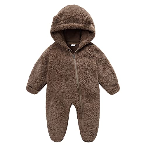 TOPJIAO Neugeborenes Baby Mädchen Junge niedliche feste lange Ärmel Cartoon Ohr Fleece füßig mit Kapuze Reißverschluss Strampler warme Overall Outfits Matschhose 74 von TOPJIAO