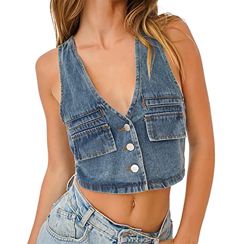 TOPJIAO Ärmellose Jeansweste-Denim Weste-Mode Sexy V-Ausschnitt Slim Fit Vintage Jeansweste Korsett Top Kurze Jeansweste Punk Jeansjacke Streetwear Jacke Knopfleiste Cardigan Top Outwear (C1-Blue, M) von TOPJIAO