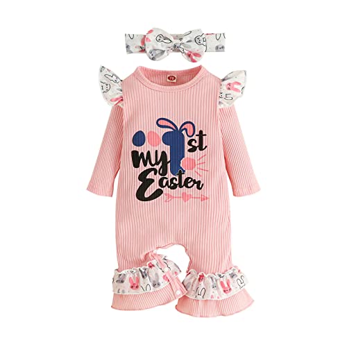 TOPJIAO Baby Junge Mädchen Ostern Outfits Neugeborene Kleidung mit Stirnband, Baby Ostern Outfit Strampler Baby bedrucktes Häschen Set Jungen Overall Mädchen Strampler & Overall Anzug Kinder Outfits von TOPJIAO