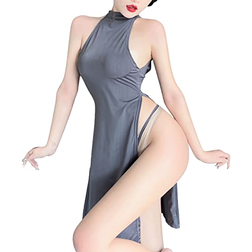 TOPJIAO Damen Dessous Set Unterwäsche Frauen Sexy Dessous für Frauen Cheongsam Split Langer Rock Hüften Pyjamas Plus Size Cosplay Dessous Sexy Bodys Nachtwäsche für Frauen (Grey, One Size) von TOPJIAO