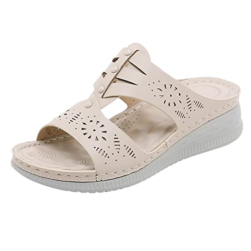 TOPJIAO Sandalen Damen Sommer Boho Damen Sommer Badelatschen Einfarbig Slip On Casual Open Toe Wedges Bequeme Strandschuhe Sandalen Hausschuhe Schuhe Für Damen (Beige, 40) von TOPJIAO