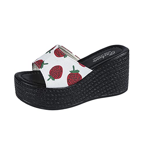 TOPJIAO Damen-Sommermode, Erdbeer-Ananas, bedrucktes Tuch, offene Spitze, schräge Ferse, Dicker Pantoffel Damen Schuhe Schwarz Flach von TOPJIAO