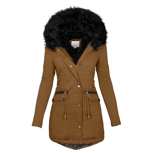 TOPJIAO Damen Winterjacke Lang Warm Gefüttert Winterparka Wintermantel Damen Warme Funktionsjacke Steppjacke Lang Steppmantel Warm Gefüttert Sweatshirt Langarm Hoodie Kapuzenpullover (W1-Coffee, XXL) von TOPJIAO