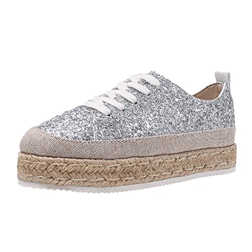 TOPJIAO Sneaker Damen Schuhe Frühling und Sommer Sportschuhe einfarbige Pailletten Atmungsaktive Schnür-Plattform-Freizeitschuhe Langlauf Schuhe Damen Freizeitschuhe (Silver, 38) von TOPJIAO