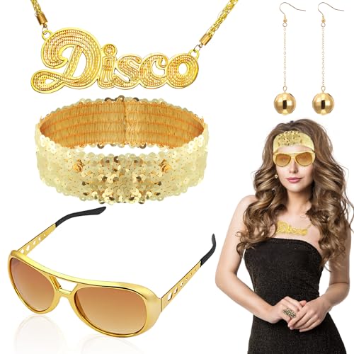 TOPJOWGA 4 Stück Disco Accessoires Kostüm Schmuck Set, 1970er Golden Disco Zubehör, Ohrringe Halskette Sonnenbrille Pailletten Stirnband, 70er 80er Jahre Disco Zubehör für Karneval Cosplay Kostüm von TOPJOWGA