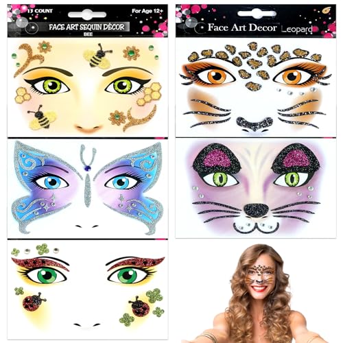 TOPJOWGA 5 Blätter Face Art Sticker, Gesichts-Tattoo, Ablösbare Gesicht Aufkleber, Gesichtstattoo Temporäres Leopard Bienen Schmetterlinge Katze Marienkäfe, Glitzer Face Paint für Karneval Halloween von TOPJOWGA