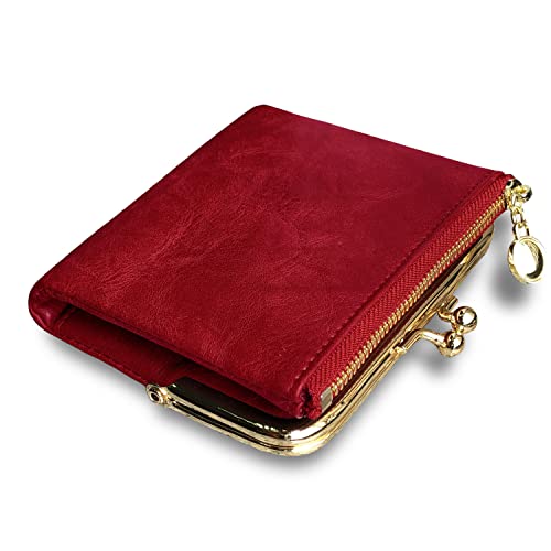 Damen börse klein Bifold Rfid Damen Mini Vintage Münzbörse mit ReiÃŸverschluss und Kussschloss - Rot - Small von TOPKULL