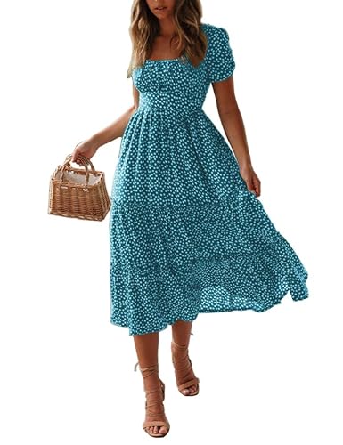 TOPLAZA Strandkleid Freizeitkleider Lang Damen Blumendruck Kurze Ärmel Sommer, Blau, XXL von TOPLAZA
