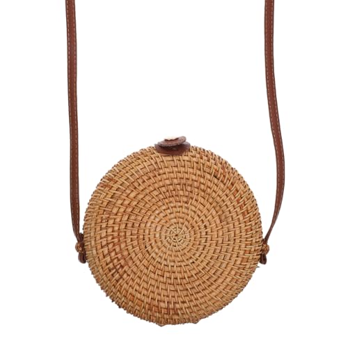TOPPERFUN 1 Stück Rund Gewebte Strandtasche Stroh Leichte Umhängetasche mit Einzigartigem Design für Strand Picknick und Alltag Beige mit Lederverschluss als für Besondere Anlässe von TOPPERFUN