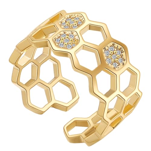 TOPPERFUN 14K Gold Verstellbarer Ring mit Offenes Band Eleganter Fingerschmuck für Damen für Partys und Anlässe von TOPPERFUN