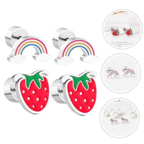 TOPPERFUN 2 Paare Ohrstecker Set Erdbeer und Regenbogen Motiv Kleine Flache Rückseite Ohrringe für Mädchen Süße Hypoallergene Schmuckstücke für Schule Party Geschenk von TOPPERFUN