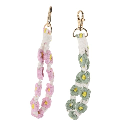 TOPPERFUN 2 Stück Macrame Schlüsselanhänger Armband mit Blumenmuster Handgefertigte Boho Handgelenkschlaufe Stabiles Schlüsselband für Damen Praktischer Handyhalter und Id Badge Lanyard von TOPPERFUN