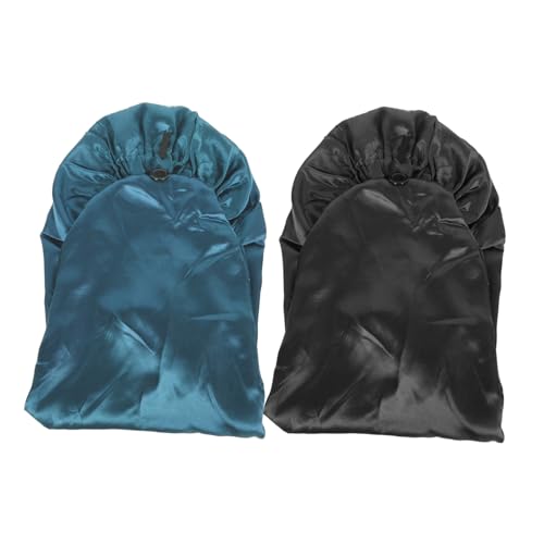 TOPPERFUN 2 Stück Satin Schlafhaube mit Elastischem Weiche Lange Haarkappe für Damen Breiter Rand Schützt Haare und Kissen in Schwarz und Blau Verstellbar Bequem für Nachtpflege von TOPPERFUN