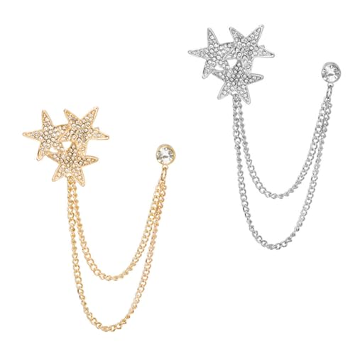 TOPPERFUN 2 Stück Sternen Brosche mit Kette Damen Anstecknadel für Kleidung Modisches Accessoire in Gold und Silber für Partys und Besondere Anlässe von TOPPERFUN