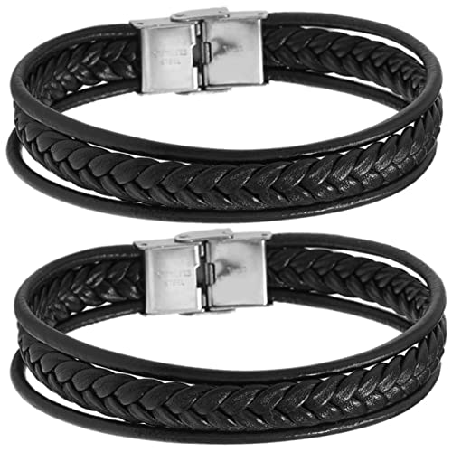 TOPPERFUN Herren Armband 2 Stück Geflochtenes Lederarmband mit Stahlverschluss Punk Stil Handgelenk Kette für Männer Cooles Herrenaccessoire für Partys von TOPPERFUN