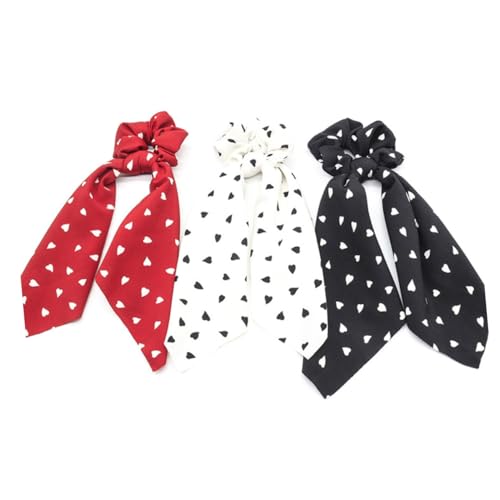 TOPPERFUN 3 Stück Teiliges Herz print Haargummi Elastische Scrunchies mit Schleifenband Schonend für Haare Langlebig und Dehnbar Modischer Haarschmuck für Damen in und Dunkel Rot von TOPPERFUN