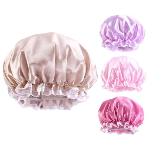 TOPPERFUN 4 Stück Doppellagige Satin Duschhauben und Atmungsaktiv Elastische Badekappen für Damen und Herren Wiederverwendbar Geeignet für Dusche Spa und Haarbehandlung von TOPPERFUN