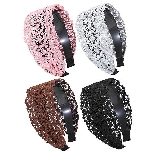 TOPPERFUN 4 Stück Haarschmuck Stirnbänder aus Spitze Rutschfeste Haarbänder für Damen in Schwarz Kaffee Rosa und Hellgrau für Alltag Hochzeiten und Partys von TOPPERFUN