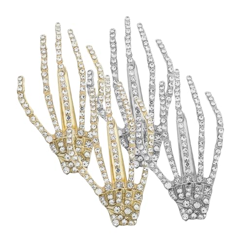 TOPPERFUN 4 Stück Teiliges Halloween Haarschmuck mit Strass Skeletthand Haarklammern Duckbill Clips in Silber und Gold Dekorative Haarspangen für Damen und Mädchen für Party und Cosplay von TOPPERFUN
